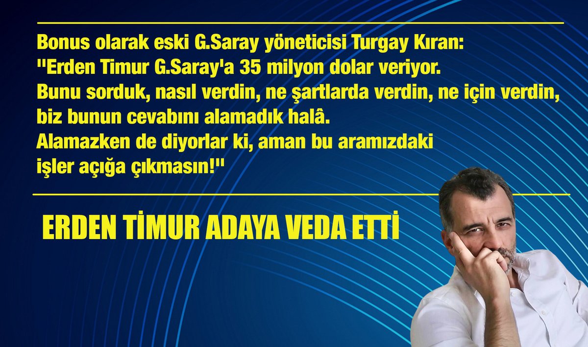 ERDEN TİMUR ADAYA VEDA ETTİ

🌀 “Suçtan kaynaklanan malvarlığı değerlerini aklama” suçlaması ile tutuklu bulunan G.Saray A.Ş. eski başkanvekili Erden Timur’un şirketlerine de kayyım atandı, Erden Timur adaya veda etti.

🌀 “Konunun G.Saray ile ne alâkası var?” diye itiraz
