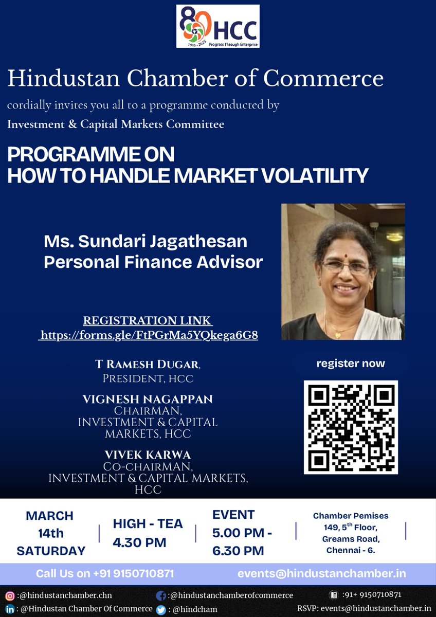 hindcham's tweet photo. 📉 How to Handle Market Volatility 📈
Insights from Ms. Sundari Jagathesan, Personal Finance Advisor.
🗓️ 14 Mar | ⏰ 5–6:30 PM | 📍 HCC, Chennai 
Link for Register : https://t.co/EJertHGMN1 
#MarketVolatility #FinanceTalks #hindustanchamber #InvestmentCommittee #ChennaiEvents https://t.co/Vr8EhmHb9F