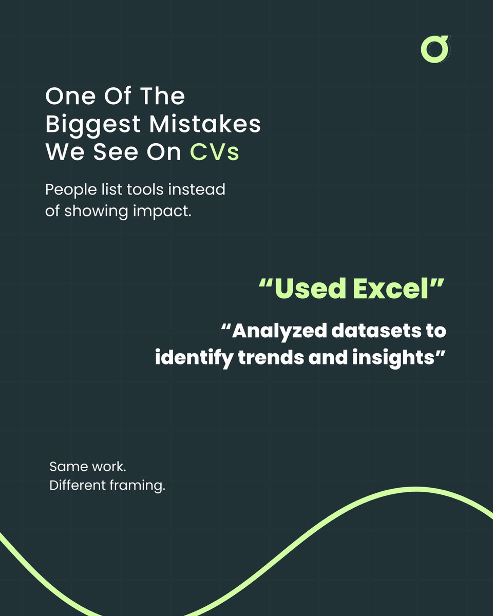 Optimax_school's tweet photo. One of the biggest mistakes we see on CVs:  

People list tools instead of showing impact.  

❌ “Used Excel”  
✅ “Analyzed datasets to identify trends and insights”  

Same work.  
Different framing.  

Register for Optimax free Career Audit NOW https://t.co/6ZUwPuc57Z