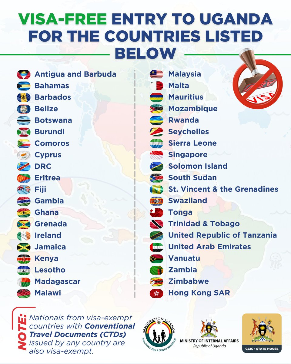 GovUganda's tweet image. Nationals from the countries and regions listed above are not required to obtain a visa prior to travelling to Uganda, in accordance with Uganda’s visa exemption arrangements.

This provision facilitates smoother travel and reflects Uganda’s continued commitment to promoting
