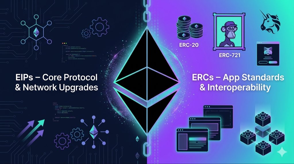 Gims_Dev's tweet photo. EIPs vs ERCs: THE BACKBONE OF ETHEREUM DEVELOPMENT 

EIPs (Ethereum Improvement Proposals) are formal proposals used to suggest, improvements to the Ethereum network. 

They can introduce new features, standards, or changes to the protocol. Anyone in the community can submit an EIP, and it goes through stages such as Draft → Review → Last Call → Final before becoming an official standard.

EIPs are grouped into categories like Core (protocol changes), Networking, Interface, ERC, Meta, and Informational.

ERCs (Ethereum Requests for Comment) are a special type of EIP that define application-level standards, mainly for smart contracts and tokens. Their goal is to ensure different apps, wallets, and platforms on Ethereum can interact smoothly.

In simple terms:
All ERCs are EIPs, but not all EIPs are ERCs.

ERC standards enable interoperability across the ecosystem. For example:
•Wallets like MetaMask can read token balances because many tokens follow ERC-20.
•DEXs like Uniswap can trade tokens using the same standard.
•NFT marketplaces like @OpenSea display NFTs because they follow ERC-721.

Some key ERC standards include:
•ERC-20 – fungible tokens
•ERC-721 – NFTs
•ERC-1155 – multi-token standard
•ERC-165 – interface detection
•ERC-4626 – tokenized DeFi vaults
•ERC-712 – secure structured message signing

Overall:
EIPs drive Ethereum’s evolution, while ERCs create standards that allow applications and tokens to work together across the ecosystem. 🚀