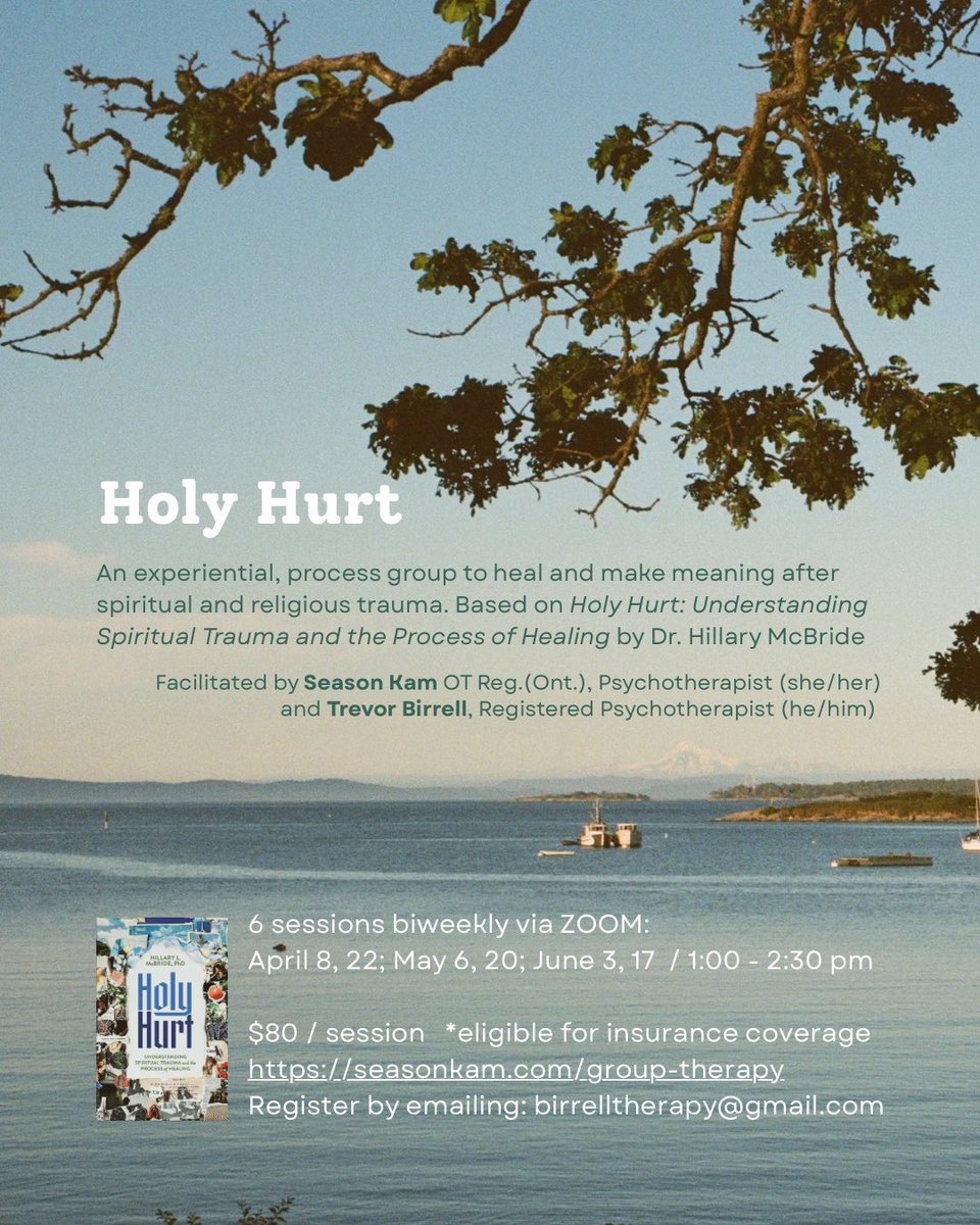BirrellTherapy's tweet photo. 1/2 Season Kam, OT, and I will be hosting a biweekly therapeutic group in the Spring, based on Dr. Hillary McBride’s book Holy Hurt and research on spiritual and religious trauma. Information can also be found on my website. Link in my bio. https://t.co/l0WUAZTv5J