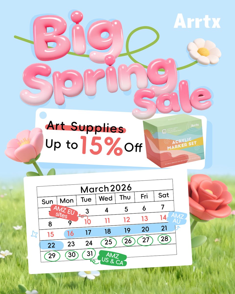 ArrtxArt's tweet photo. 🌸✨The flowers are blooming, and so is your creativity! 

🚀The #Arrtx Amazon Spring Deal Days is officially LIVE! Mark your calendar so you won't miss US Big Spring Sale &amp; other sites.
Amazon EU sites: March 10-16
Amazon US &amp; CA: March 25-31
Amazon AU: March 16-22 https://t.co/wu9i9LL0fn