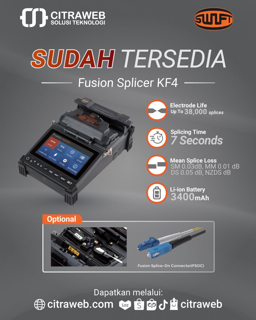 mikrotik_id's tweet image. Splicer KF4 Sudah Tersedia Kembali!

Splicer kabel fiber optik dari UCL SWIFT yang bisa kita gunakan untuk menyambungkan SOC kabel fiber optik dengan tipe FC, SC, LC, ST, dan FSOC konektor.

Dapatkan Fusion Splicer KF4 melalui:
🛒citraweb.com/produk/966/

#Splicer #FiberOptic #KF4