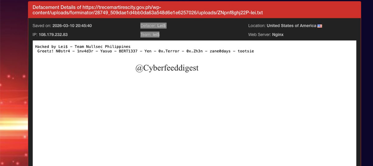 cyberfeeddigest's tweet image. A governmental website of #Philippines hxxps://trecemartirescity.gov.ph/wp-content/uploads/forminator/28749_509dae1d4bb0da63a548d6e1e6257026/uploads/ZNpnf8ghj22P-lei.txt

#philipine
#Hacked by 
Defacer: Lei$

Team: lei$