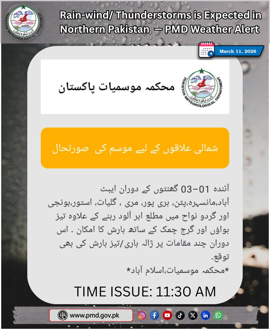 pmdgov's tweet photo. Rain-wind/ Thunderstorms is Expected in Northern Pakistan — PMD Weather Alert
#PakistanWeather #PMDAlert #NorthernPakistan #RainAlert #Thunderstorm #HeavyRain #WeatherUpdate #IslamabadWeather #KPWeather #GilgitBaltistan https://t.co/1776ndHNqL