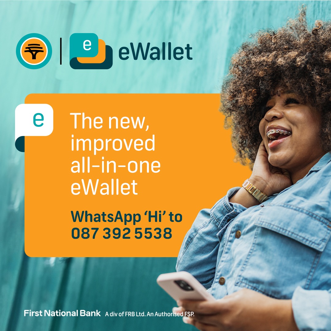 FNBSA's tweet photo. The new, improved all-in-one eWallet is here. WhatsApp ‘Hi’ to 087 392 5538. https://t.co/tAFPVwSqwA