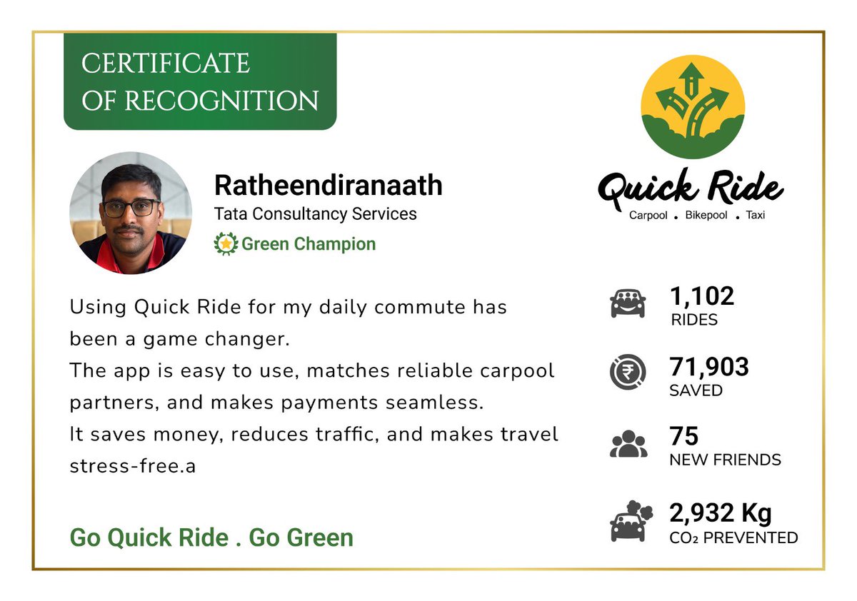 rathibr's tweet image. Small rides, big impact — proud to be a Green Champion with Quick Ride. @QuickRidein #QuickRide