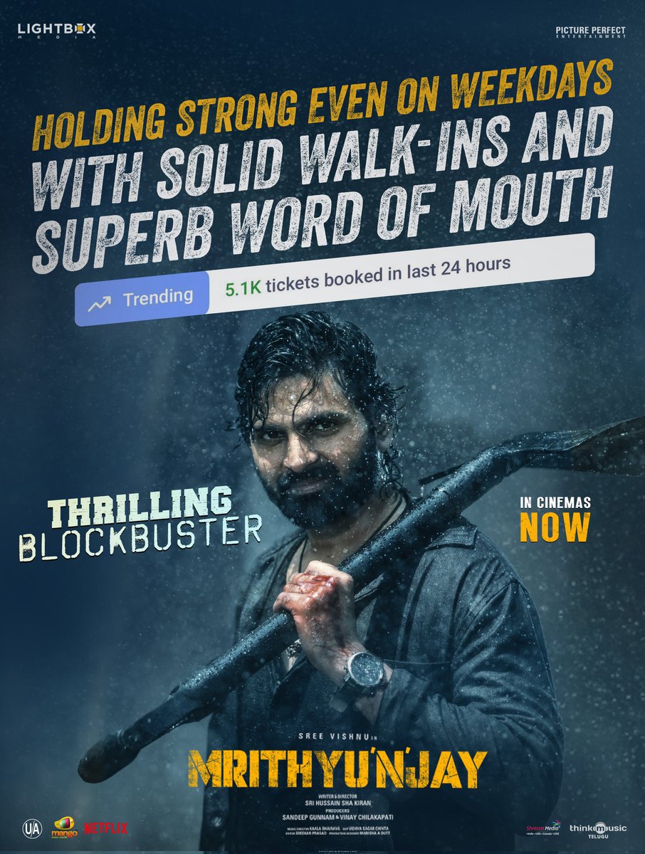 Lightboxoffl's tweet photo. Holding strong even on weekdays 💥💥

Powered by solid walk ins and superb word of mouth, #Mrithyunjay continues its blockbuster run with audiences choosing the thrilling ride again and again ❤️‍🔥❤️‍🔥

🎟️- https://t.co/WvFLJLCt9Y

#ThrillingBlockbusterMrithyunjay https://t.co/6EXX5AyRod