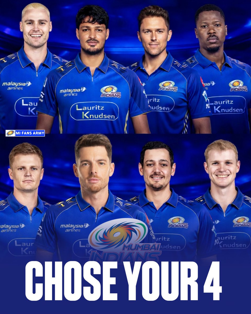 MIFansArmy's tweet photo. Mumbai Indians fans, it’s time for a tough choice! 💙

From this list of 8 players, you can only select 4 players to build your perfect MI combination.

Think about power hitters, all-rounders, and match winners before you choose.

So tell us👇 https://t.co/KjcDwjhNBn