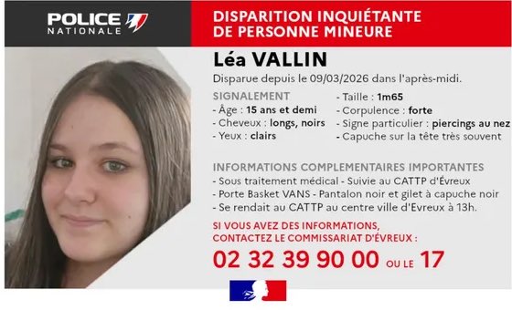 🚨 DISPARITION INQUIÉTANTE MINEURE 🚨

✍️Nom : Léa VALLIN
Âge : 15 ans et demi
Disparue depuis : le 09/03/2026 dans l’après-midi

Signalement
♦️Taille : 1m65
♦️Corpulence : forte
♦️Cheveux : longs, noirs
♦️Yeux : clairs
♦️Signe particulier : piercings au nez
♦️Vêtements : capuche