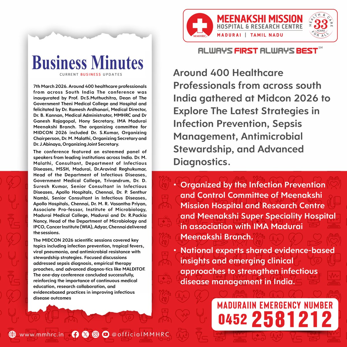OfficialMMHRC's tweet image. MIDCON 2026 - Organized by the Infection Prevention and Control Committee of Meenakshi Mission Hospital and Research Centre and Meenakshi Super Speciality Hospital in association with IMA Madurai Meenakshi Branch.

#MIDCON2026 #InfectionPrevention #InfectionControl