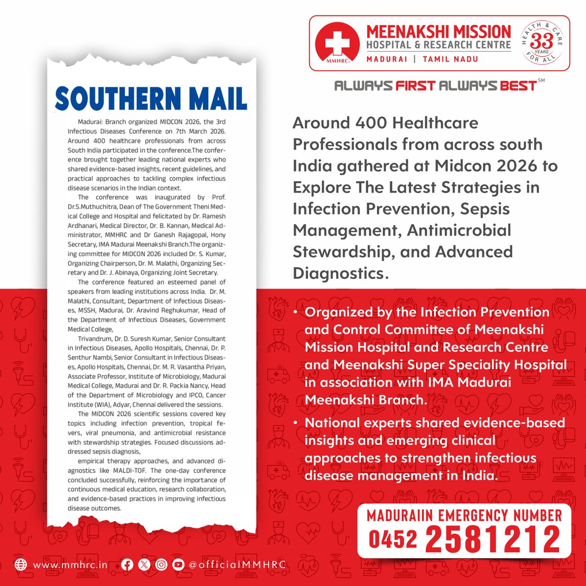 OfficialMMHRC's tweet image. MIDCON 2026 - Organized by the Infection Prevention and Control Committee of Meenakshi Mission Hospital and Research Centre and Meenakshi Super Speciality Hospital in association with IMA Madurai Meenakshi Branch.

#MIDCON2026 #InfectionPrevention #InfectionControl