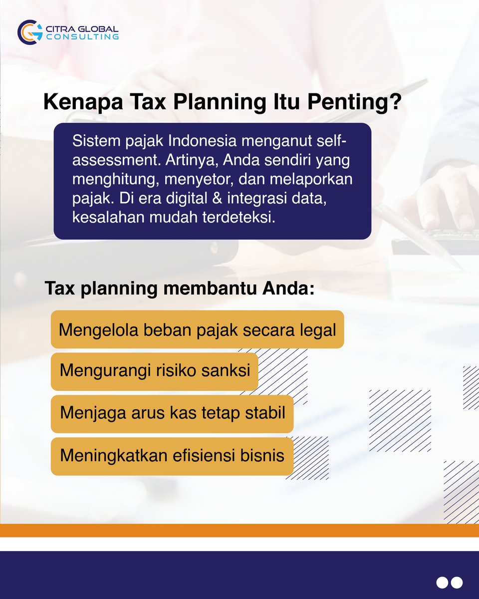 CGConsulting3's tweet photo. Tax planning itu BUKAN cara menghindari pajak secara ilegal!🚫

Justru ini adalah cara cerdas agar bisnis tetap efisien &amp; aman dari sanksi. Mengingat sistem pajak kita bersifat self-assessment, kesalahan kecil bisa fatal di era digital
#TaxPlanning #PajakIndonesia #KonsultanPajak https://t.co/PWO5ZfOJ8a