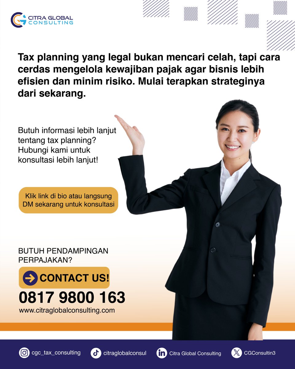 CGConsulting3's tweet photo. Tax planning itu BUKAN cara menghindari pajak secara ilegal!🚫

Justru ini adalah cara cerdas agar bisnis tetap efisien &amp; aman dari sanksi. Mengingat sistem pajak kita bersifat self-assessment, kesalahan kecil bisa fatal di era digital
#TaxPlanning #PajakIndonesia #KonsultanPajak https://t.co/PWO5ZfOJ8a