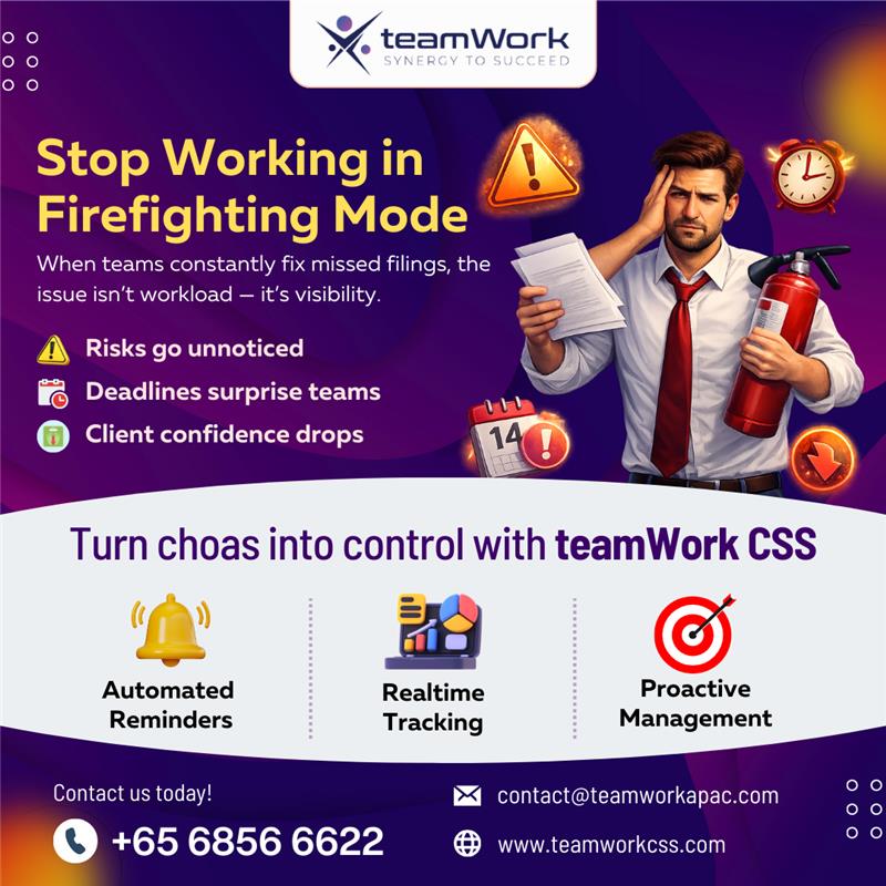 ApacTeamwork's tweet photo. Stop working in firefighting mode 🔥

Missed deadlines, scattered filings, and compliance stress slow teams down.
Bring clarity with #teamWorkCSS - automated reminders, real-time tracking &amp; proactive compliance management.

🌐 https://t.co/MoBdPTha3Q

#Singapore https://t.co/2rd5mkh83T