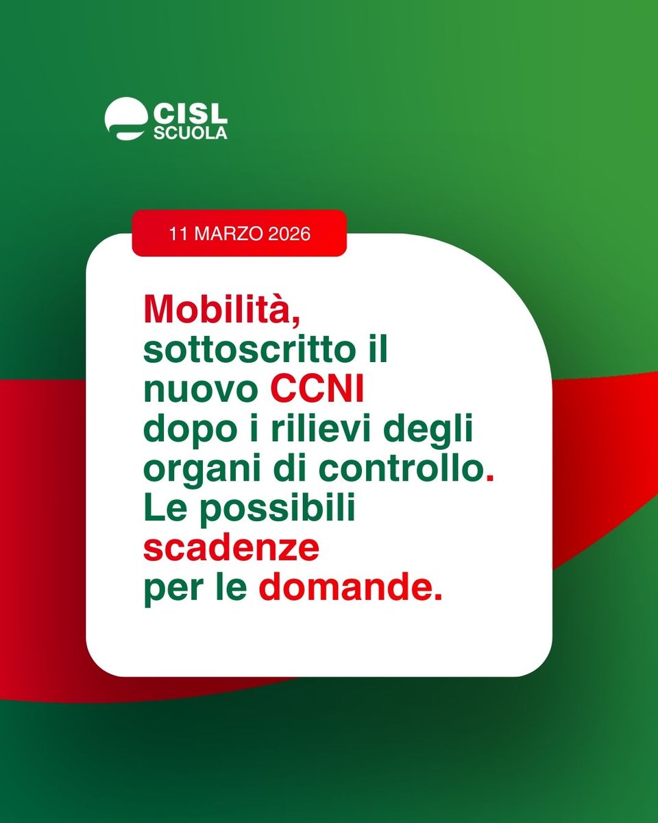 cislscuola's tweet image. Martedì 10 marzo è stato sottoscritto il #CCNI sulla #mobilitàterritoriale e professionale 2025/26 - 2027/28.

Il personale vincolato per legge potrà presentare #domanda di #trasferimento, in #deroga al vincolo, in alcuni casi come ad esempio l'essere #genitore di un #minore di