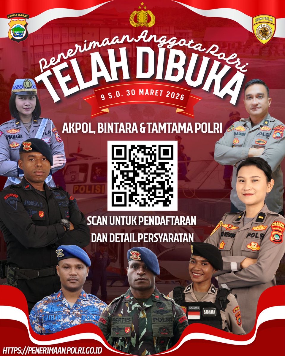 PolresTW's tweet photo. Penerimaan Anggota Polri telah dibuka!

#penerimaanpolri 
#rekrutmenpolri
#polriuntukmasyarakat
#polrihumanis
#polripresisi 
@38setia_akpol2006 
@spripim_poldapapuabarat 
@sdmpoldapb 
@polda_papuabarat 
@divisihumaspolri 
@listyosigitprabowo 
@prabowo https://t.co/FwYGKUoXVu