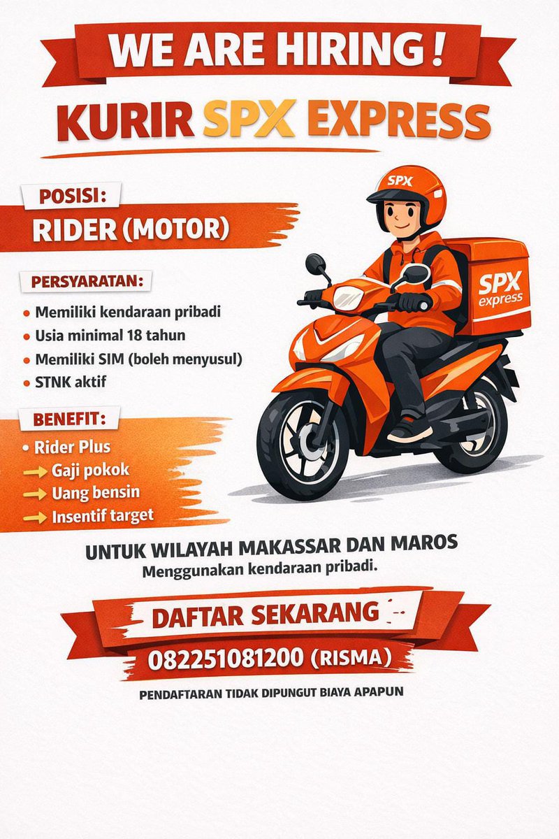 infolokermksr's tweet image. 🚨 LOWONGAN KERJA 
📦 SPX Express HIRING!
SPX Express membuka kesempatan kerja sebagai:
🛵 Kurir Motor (Rider)
Bisa tanpa ijazah dan RELAKSASI SIM 
━━━━━━━━━━━━━━
Pendaftaran melalui Risma 
📞 wa.me/082251081200
🔥 Buruan daftar! 
#SPXExpress
#LokerSulselbar