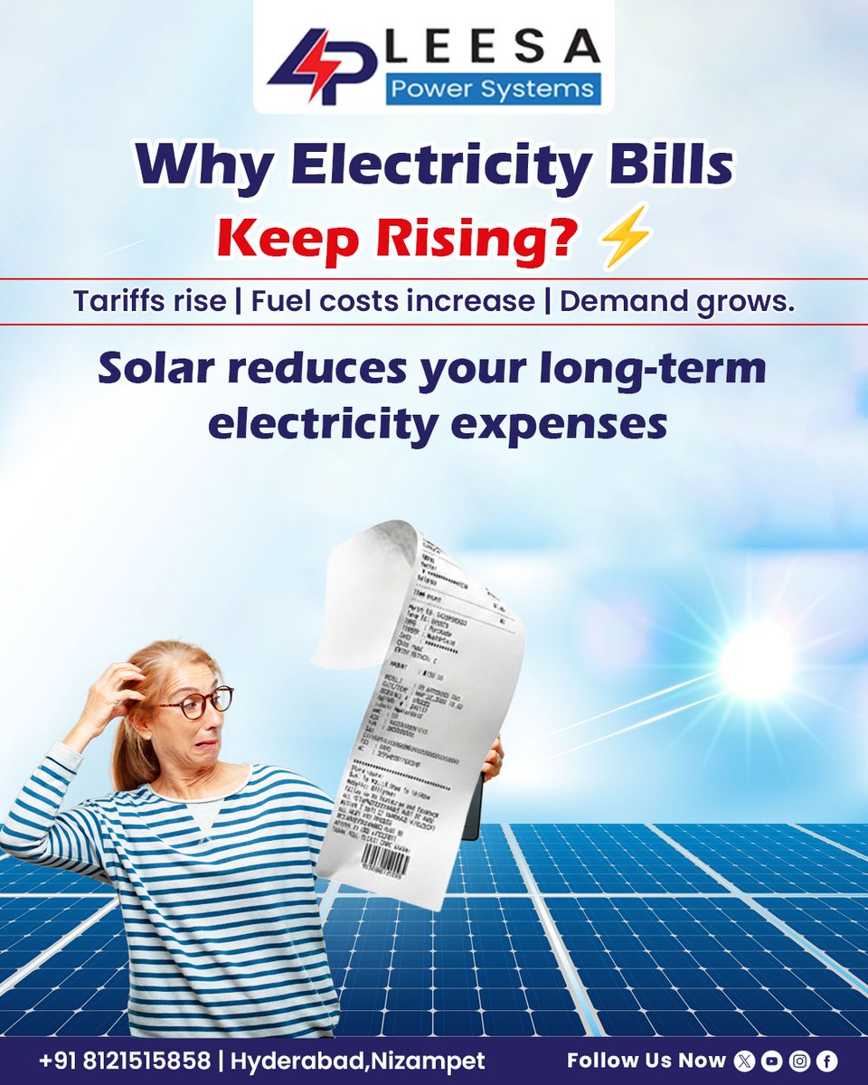 power_leesa's tweet image. Why do electricity bills keep increasing? ⚡📈

• Tariffs change
• Fuel costs rise
• Demand keeps growing
Solar helps reduce long-term dependency on rising power costs. ☀️
Switch to solar with Leesa Power Systems.

#LeesaPowerSystems #SolarSavings #GoSolarIndia #CleanEnergy