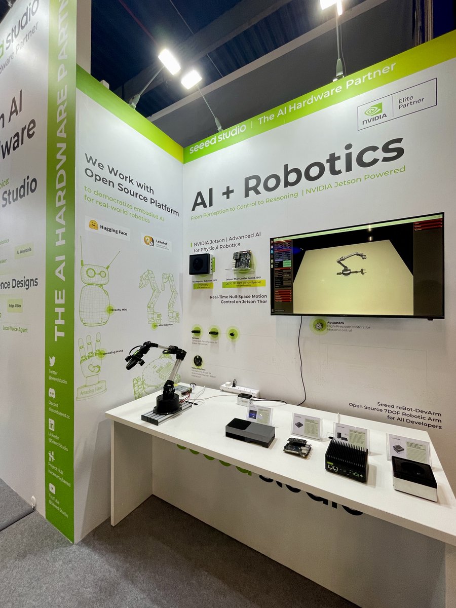seeedstudio's tweet photo. Meet Seeed at #EmbeddedWorld 2026! We're live with:
▶️ #StarAICelloArm: Watch its precise zero-space motion control!
▶️ #ReachyMini: Interact with this expressive bot—see it recognize gestures & respond!
▶️ The Edge AI Stack: The full #reComputer series & @NVIDIARobotics #Jetson carrier boards.
Touch, test, and talk tech with us!
📍 Nuremberg, Bavaria, Germany
📅 March 10th–12th
🏛️ Hall 3, Booth 556