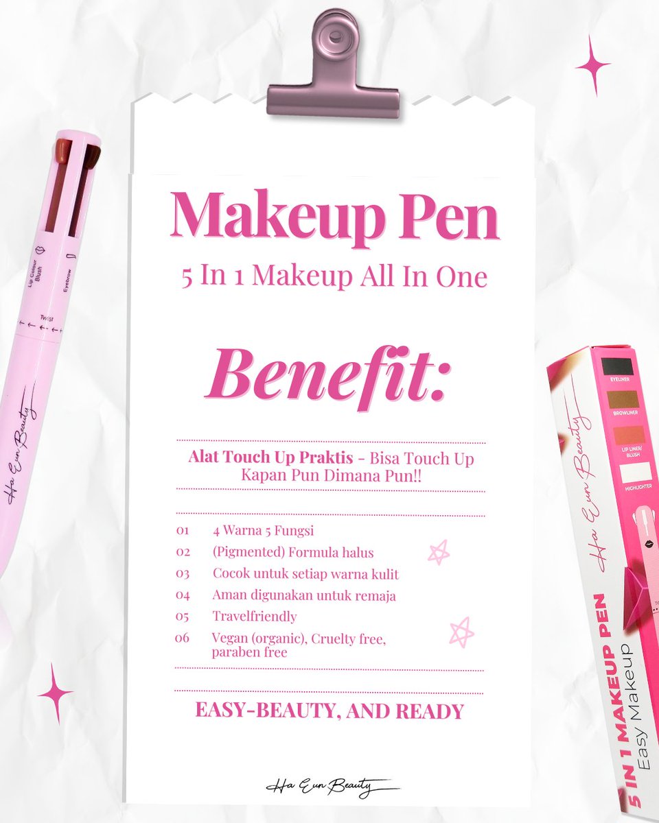 Ha_Eun_Beauty's tweet photo. Makeup cuma pakai 1 alat? Bisa banget✨
Dengan 5 in 1 Makeup Pen dari Ha Eun Beauty, kamu bisa bikin look on point tanpa ribet bawa banyak produk 😍 Praktis, ringkas, dan siap nemenin makeup kamu kapan aja💄
#haeunbeauty #5in1makeuppen #dailymakeup #makeupessentials #makeup https://t.co/ea96SsOQUy