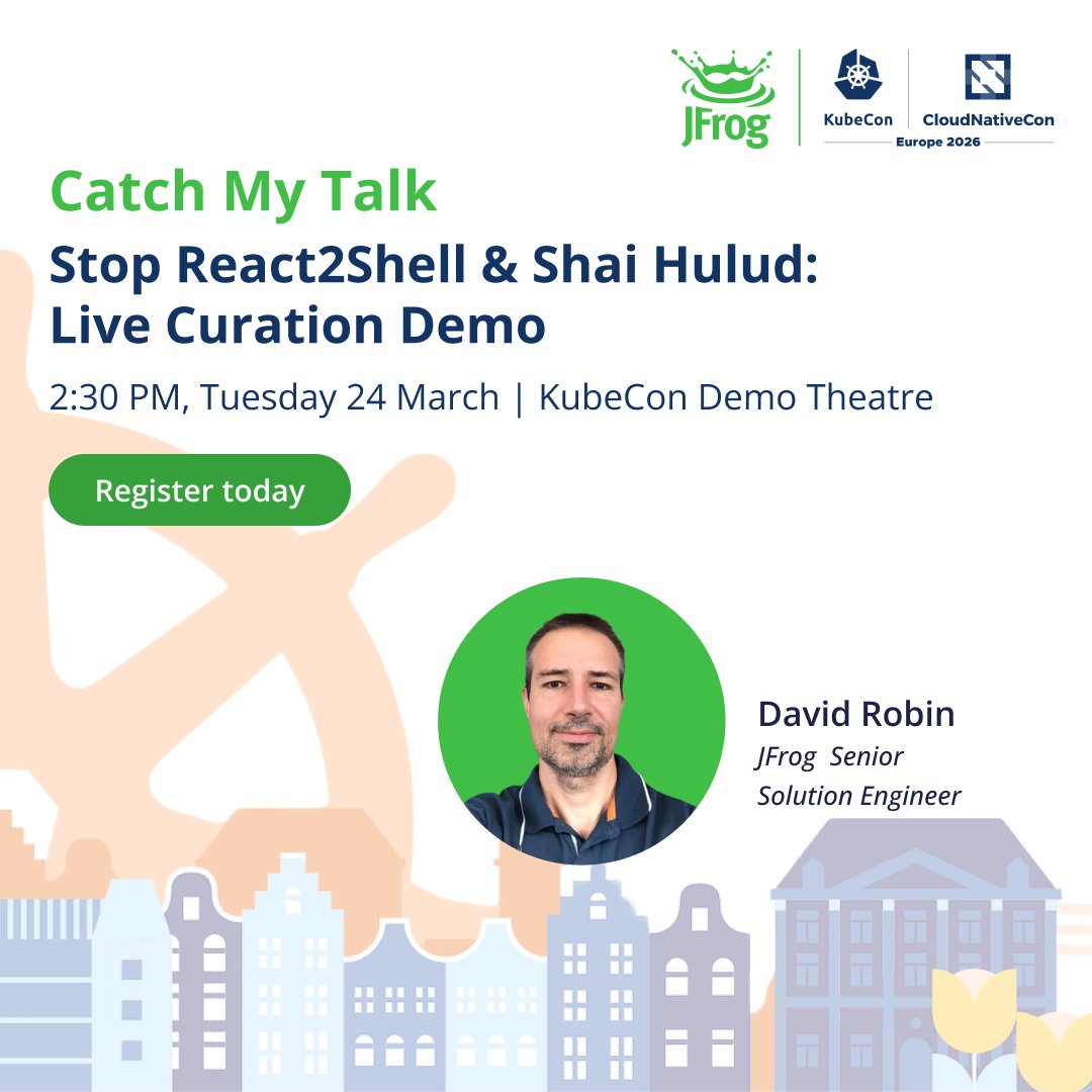 jfrog's tweet photo. David Robin, Senior Solution Engineer at Frog, is taking taking the mic at @KubeCon_ Europe 2026. 🎤 

Blocking malicious packages usually means breaking the build, but David is ready to show you a better way!

Join us in Amsterdam to hear "Stop React2Shell & Shai Hulud: Live Demo of Curation with Compliant Version Selection" at the Demo Theatre.

📅 Tuesday 24th March | 🕒 14:30

If you're ready to advance your #SDLC, then book 1:1 time with us at #KubeCon: https://t.co/rAQ7XpIRfL

#KubeCon #DevOps