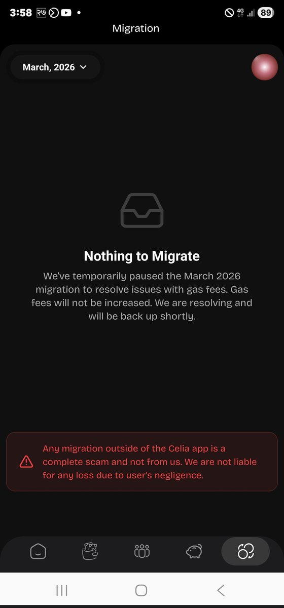 Sumo76435074's tweet photo. @CeliaWallet I’ve been mining Celia and the deadline to migrate is March 31. When I try to migrate in the app, it shows “Nothing to Migrate” and says migration is paused due to gas fee issues.
Can the team clarify what users should do before the deadline? #Celia https://t.co/uuM57OLb6J