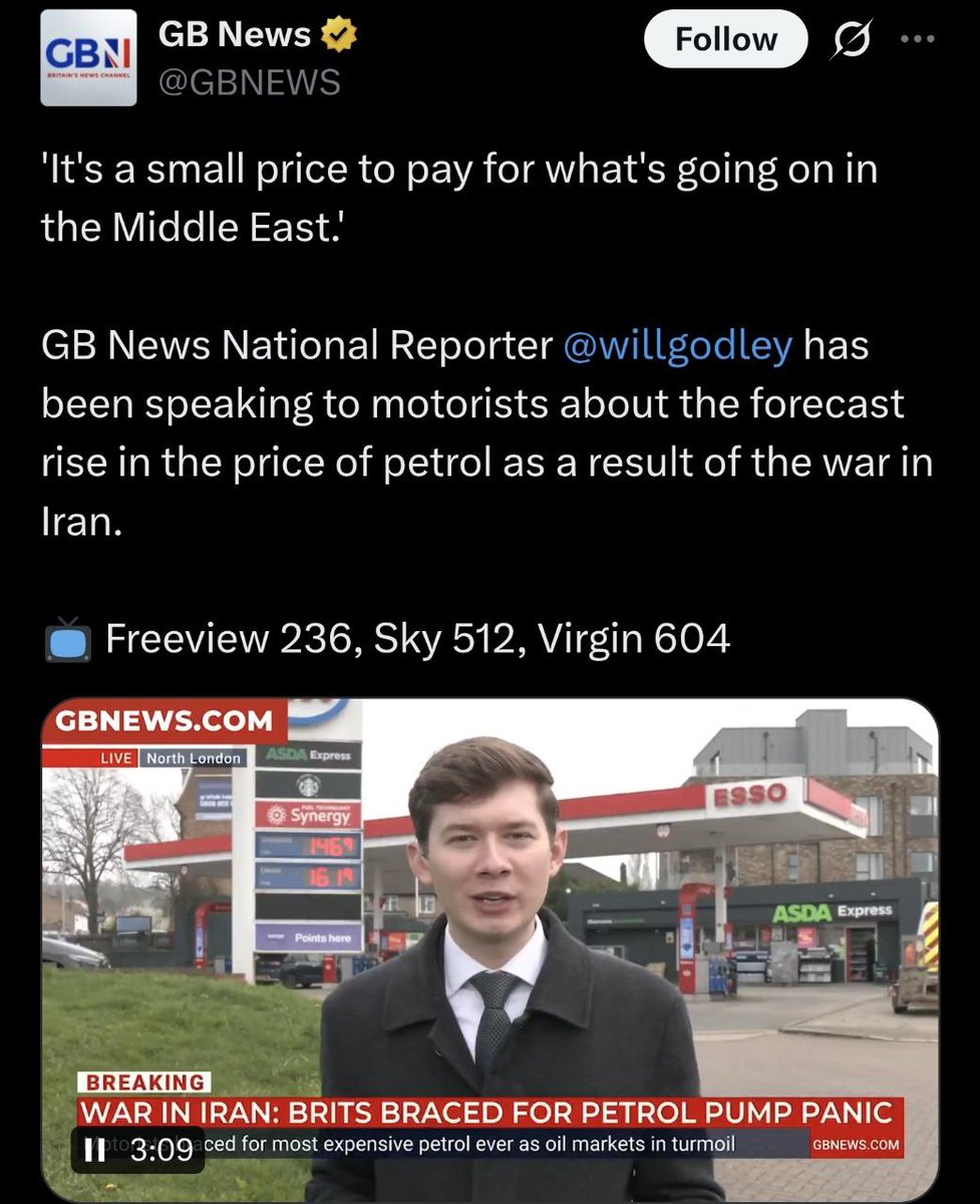 GB News is doing "go broke for Israel" propaganda that misreads the mood of the British public entirely.

This will make most people quite revolted. They're saying how wonderful paying more for petrol is so Israel gets to kill more children. That's how it comes across.

RM