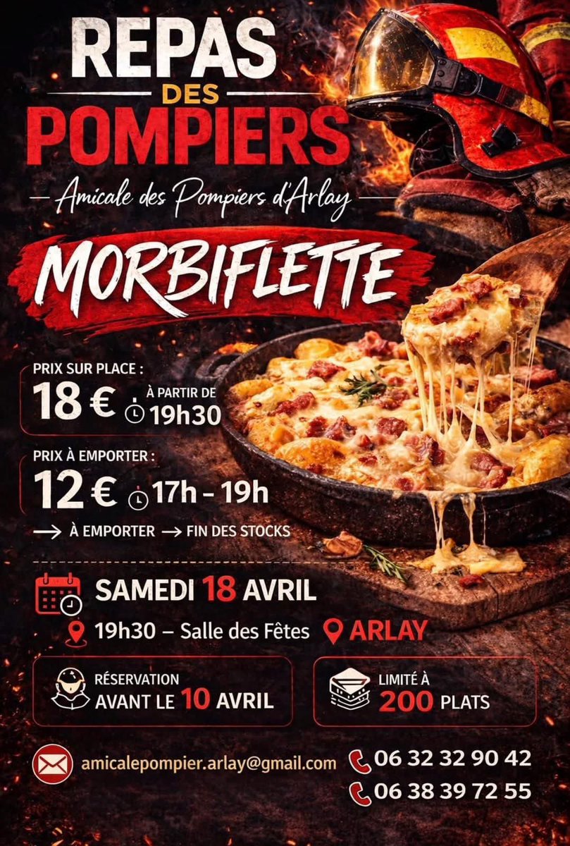 udsp_39's tweet image. #Repas 🥘 🚒 | L’amicale des sapeurs-pompiers d’Arlay organise sa morbiflette le samedi 18 avril 2026 ! Réservez vite 👌🏻
