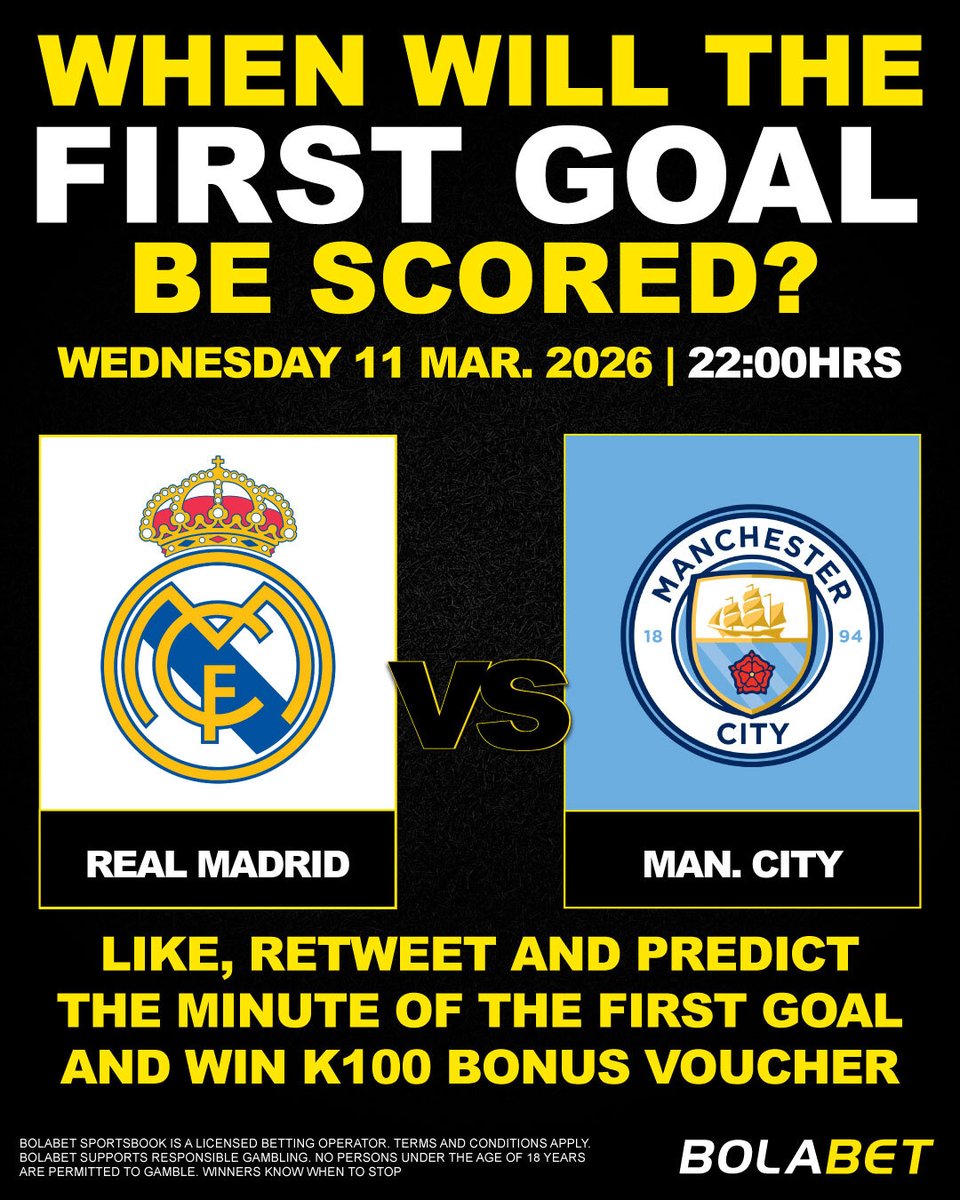 LIKE, RETWEET &amp; REPLY WITH YOUR PREDICTED MINUTE OF THE 1ST GOAL AND WIN K100 !!!

All replies should be published until 20:00hrs 11.03.2026.
You must be over the age of 18 to participate 
👉🏿 bolabet.co.zm 👈🏾
TERMS &amp; CONDITIONS
👉🏿 bit.ly/40pNePZ 👈🏾
