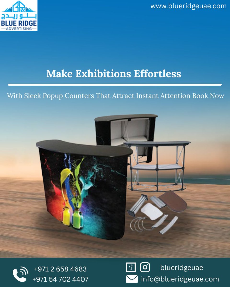 Blueridge_uae's tweet image. Make exhibitions effortless with sleek popup counters that attract instant attention and enhance your brand presence. 
blueridgeuae.com

#BlueRidge #ExhibitionDisplay #PopupCounters #TradeShowSetup #EventBranding #ExhibitionSolutions #BrandVisibility