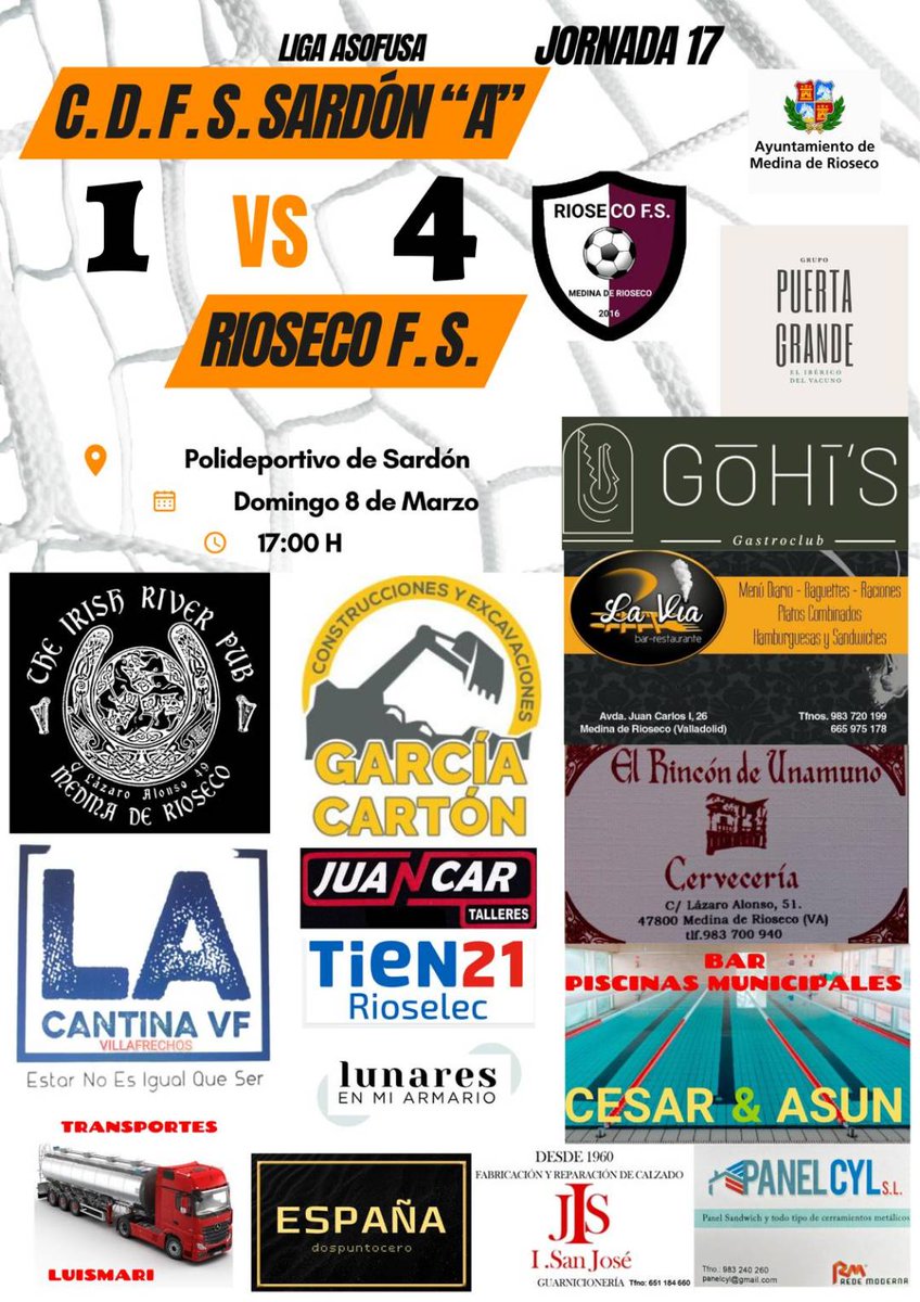 🏆 17° Jornada Liga Asofusa ORO-PLATA GRUPO II.

⚽ C.D.F.S. SARDÓN "A" 1-4 <a href="/RIOSECO_FS/">RIOSECO F.S.</a> 

🥅 Goles (Borja, Sergio, Giron(2))

#VamosRiosecoFS 💪🏽