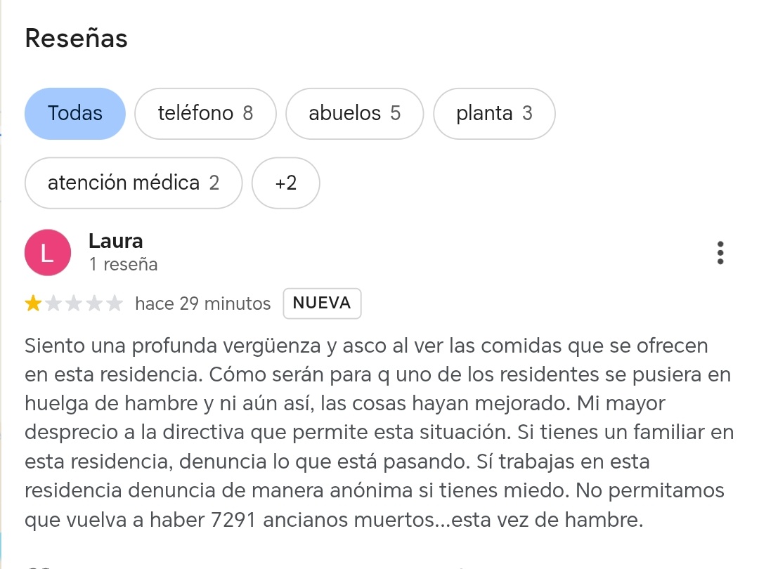 Reseña puesta en la residencia de Colmenar Viejo de mi amiga Laura. Hagamos RT y que todo el mundo sepa lo que pasa, no solo en esa, en todas de la Comunidad de Madrid.