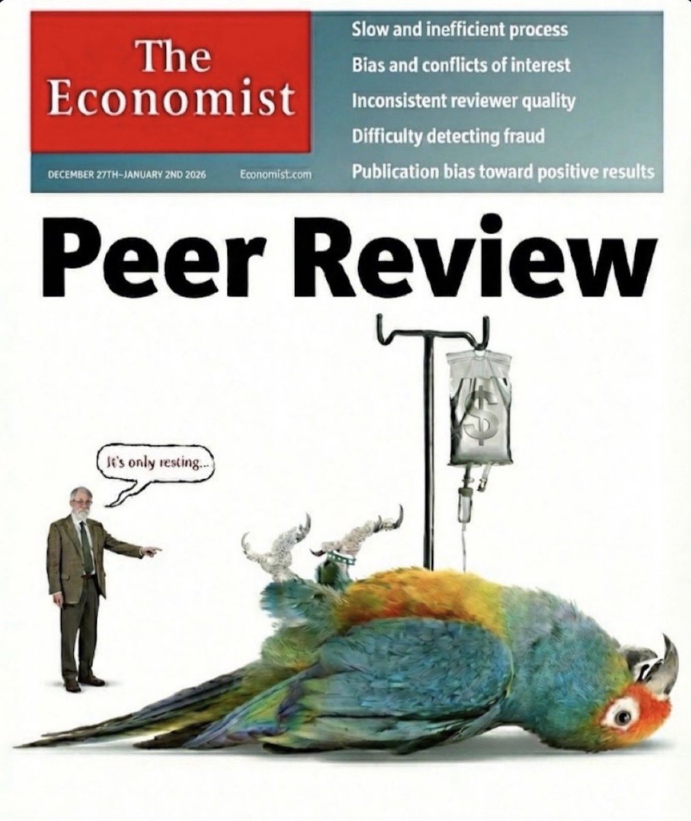 Monty Python’un ünlü “dead parrot” skeçine gönderme var, satıcı ölü papağanın aslında ölmediğini iddia eder ve sürekli “sadece dinleniyor” der ya... Burada da adam aynı şeyi söylüyor: “It’s only resting…” 
Bilimsel makalelerin ve hakem sisteminin aslında öldüğünü ama bir yandan