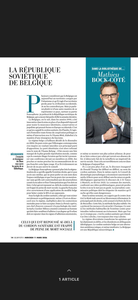 Destexhe's tweet photo. Dans le JDNews @mbockcote assassine le cordon sanitaire belge, son caractère antidémocratique et même totalitaire. https://t.co/hc6oQqKDJt
