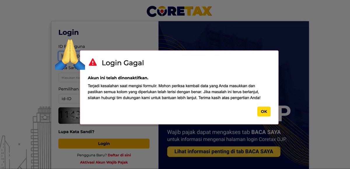 pasaribubobby's tweet photo. @kring_pajak halo, saya coba hubungi kring pajak by call sejak tadi pagi sampai saat ini tidak nyambung. Saya mau tanya, kenapa muncul seperti ini ya pas saya log ini? Solusinya apa? pls help. Thank you https://t.co/0hcUhho2te