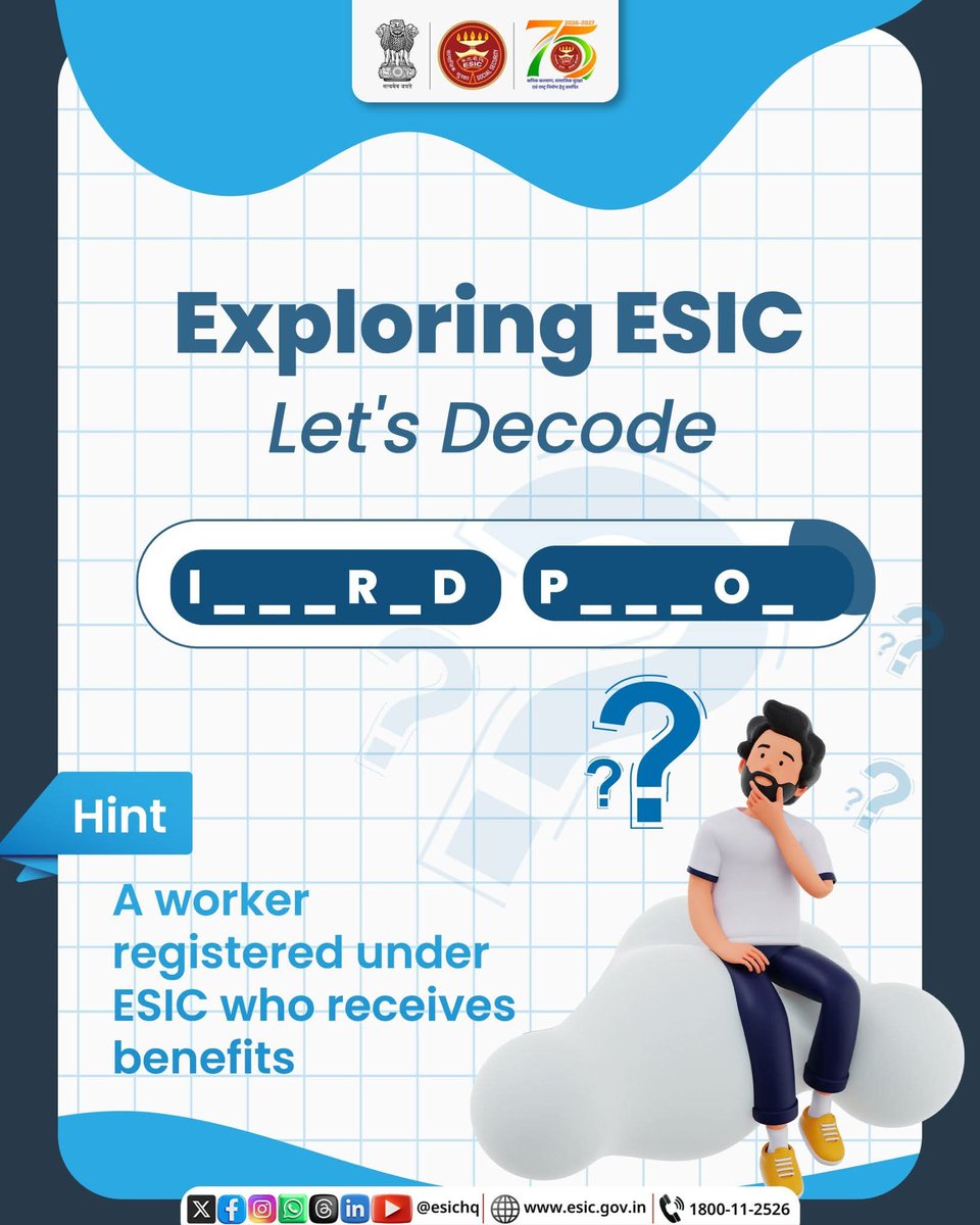 EsichG64936's tweet photo. Exploring ESIC, Let’s Decode! 

Put your knowledge to the test, guess the word and discover more.
 
Hint: A worker registered under ESIC who receives benefits.
 
#ESIC #LetsDecode #ESICPuzzle #Puzzle https://t.co/pAMlP6FOQ4