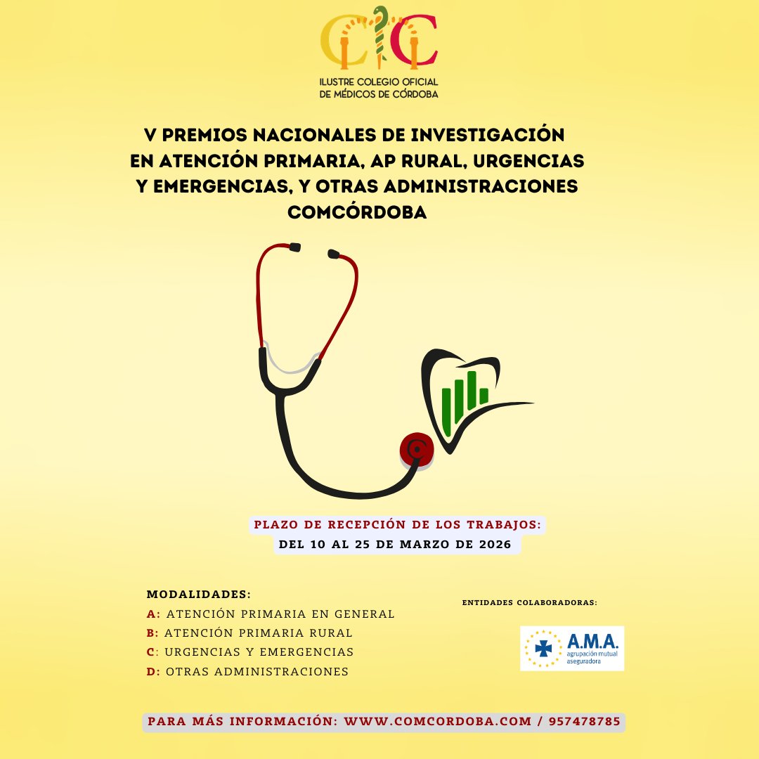 colmedcordoba's tweet photo. 🔬 Convocatoria abierta: V Premios de Investigación en AP y Otras Modalidades 

📅 Plazo de recepción de trabajos:
Del 10 al 25 de marzo de 2026

ℹ️ Más información e inscripciones:
🌐 https://t.co/UZNc6Xbw4p
📞 957 478 785 https://t.co/qBkLbaLLDR