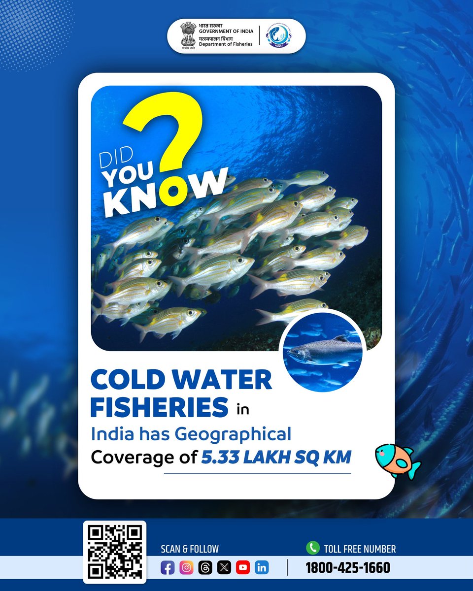 FisheriesGoI's tweet image. India's Coldwaters Fisheries span across regions like J&amp;amp;K, Himachal Pradesh, Uttarakhand, Arunachal Pradesh, Sikkim and parts of North-Eastern region. 

#Coldwater #ColdwaterFisheries