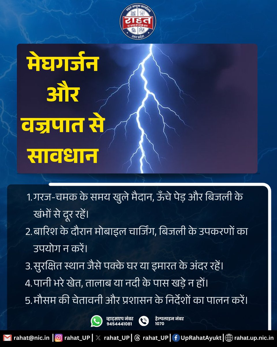 rahat_up's tweet photo. खुले स्थान, ऊँचे पेड़ों और बिजली के खंभों से दूर रहें तथा सुरक्षित स्थान पर आश्रय लें। अपनी और अपने परिवार की सुरक्षा के लिए मौसम विभाग की चेतावनियों और प्रशासन के निर्देशों का पालन करें।
#LightningSafety #StaySafe #WeatherAlert #DisasterAwareness #UPAlert #JanSuraksha #IMD 
@CMOfficeUP @UPGovt @CentreLucknow @SureshKKhanna