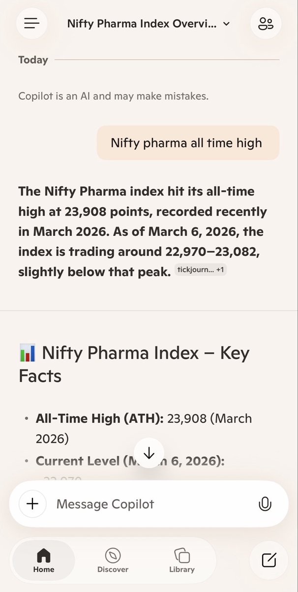 ankithbti's tweet photo. Copilot is not completely reliable. Nifty Pharma was @ ATH in October 2024 not in March 2026. @Copilot @satyanadella https://t.co/kHneM7Dse6