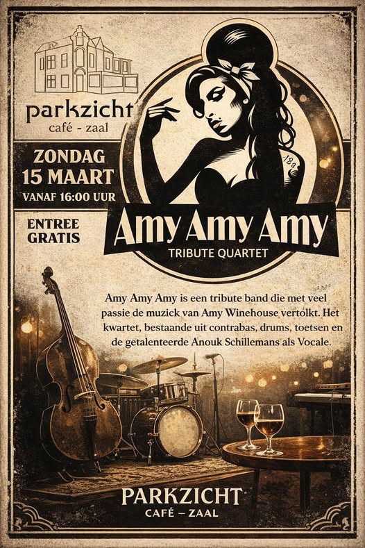 Het kwartet Amy Amy Amy speelt zondagmiddag vanaf 16u de muziek van Amy Winehouse. Bij Café Parkzicht
Entree is gratis #Breda #livemuziek #amywinehouse