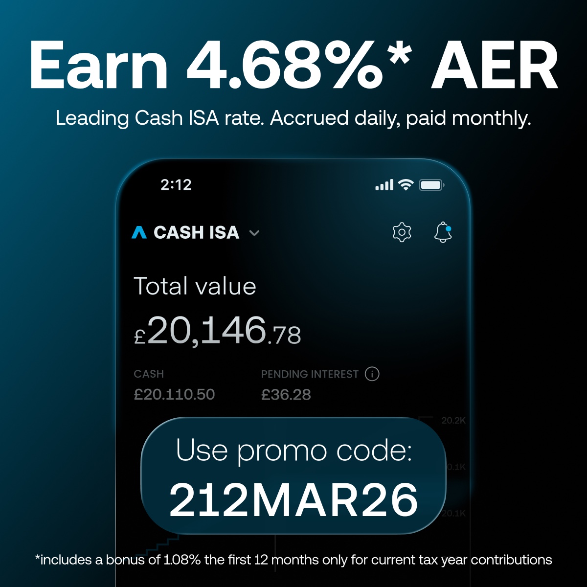 Trading212's tweet photo. Why settle for less than 4.68%* AER? Earn more on your savings with the Trading 212 Cash ISA.