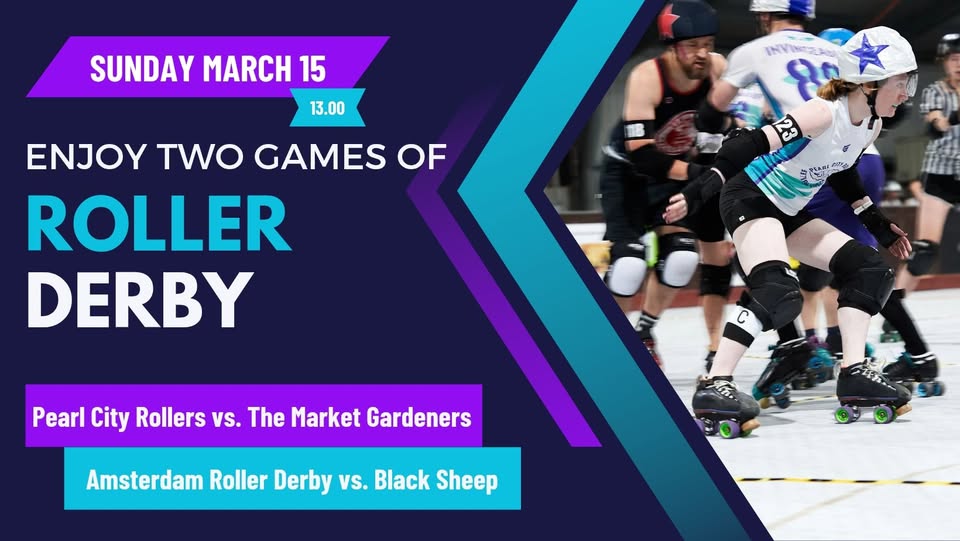 Kom zondagmiddag Roller Derby kijken in De Scharen. Onze Bredase Pearl City Rollers spelen hun eerste thuiswedstrijd van 2026. 
13.30 Game 1: Pearl City Rollers (Breda) vs. Market Gardeners (Nijmegen)
16.00 Game 2: Amsterdam vs. Middelburg
Entree is 5 euro
Onder 12 gratis #breda