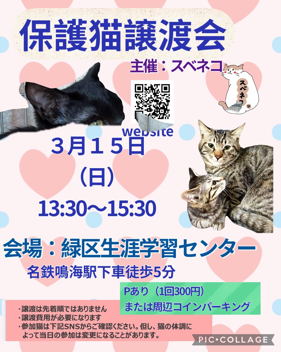 #拡散希望

保護猫讓渡会

ぜひ来てください🐾

3月15日（日）
午後1時30分～3時30分
緑生涯学習センター

名古屋市緑区鳴海町本町54
名鉄名古屋本線鳴海駅
下車徒歩5分
※Pあり（1回300円）
周辺コインパーキングあり

かわいいねこちゃんがお待ちしております₍^..^₎੭”

#保護猫譲渡会
#里親募集猫