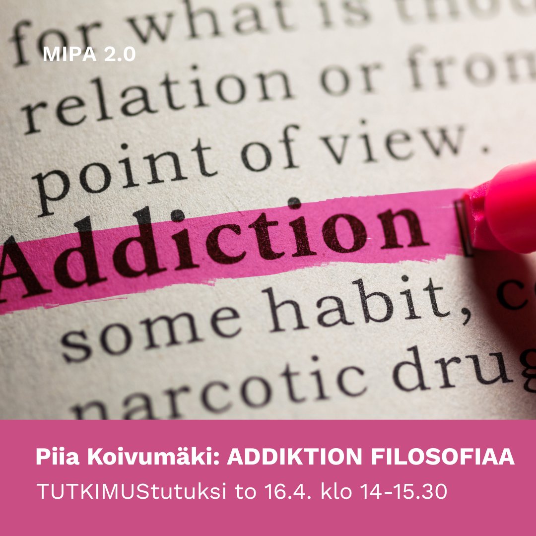 MIPAverkosto's tweet photo. Onko addiktio valinta vai sairaus? Tuottavatko ohuet addiktiomallit ohutta hoitoa? Mikä on holistinen addiktiokäsitys? Piia Koivumäki alustaa aiheesta TUTKIMUStutuksi-tapaamisessa - tervetuloa kuulolle!

Aika: to 16.4. klo 14-15.30 (Teams)

Ilmoittaudu: https://t.co/ZqFDNMe5cM https://t.co/QxDWxd73v3