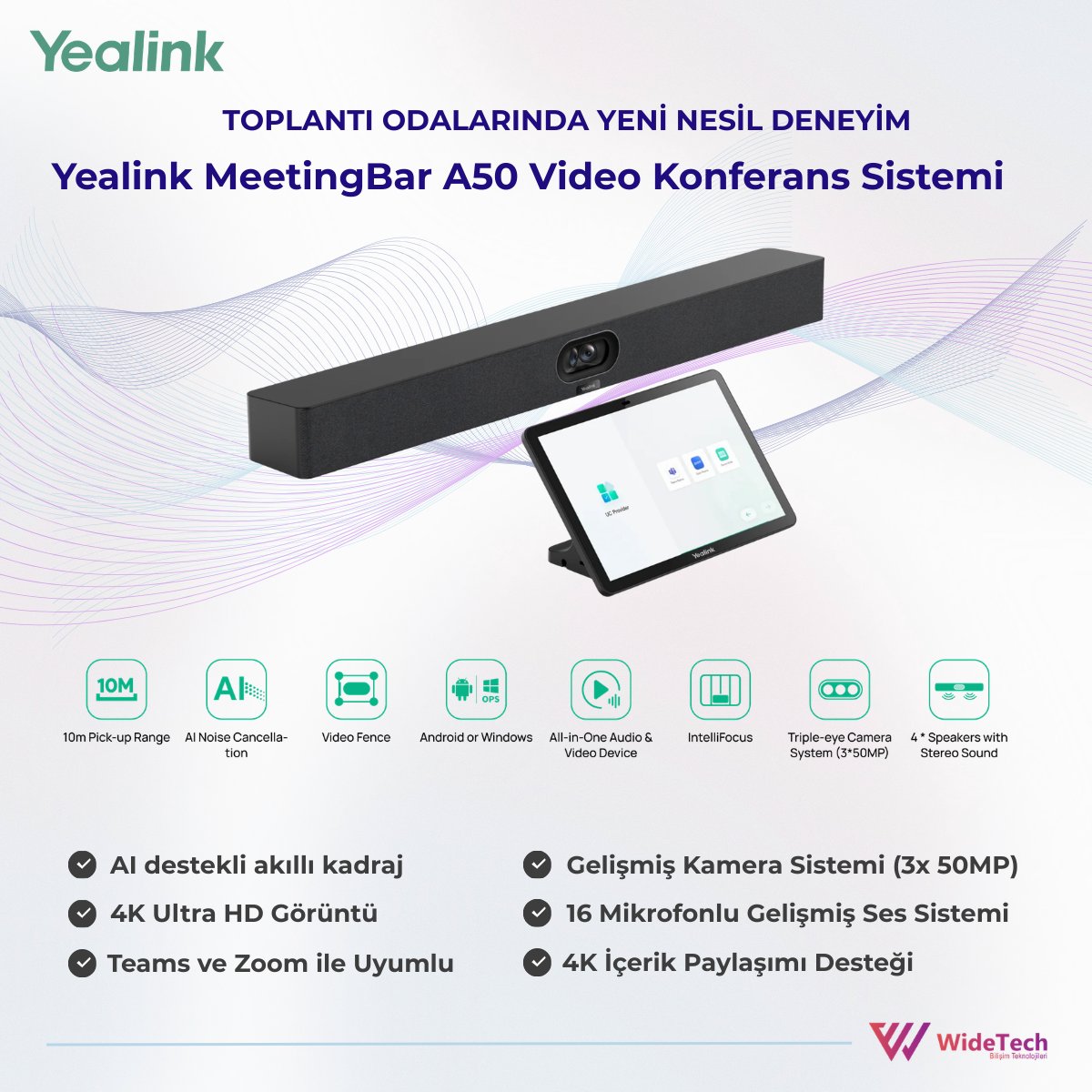 Widetechbilism's tweet photo. Yealink MeetingBar A50, küçük ve orta ölçekli toplantı odaları için hepsi bir arada video konferans çözümü sunar. Gelişmiş kamera, yüksek kaliteli ses ve yapay zeka destekli görüntüleme ile toplantı deneyimini daha verimli hale getirir. https://t.co/Mh7AvAYpas