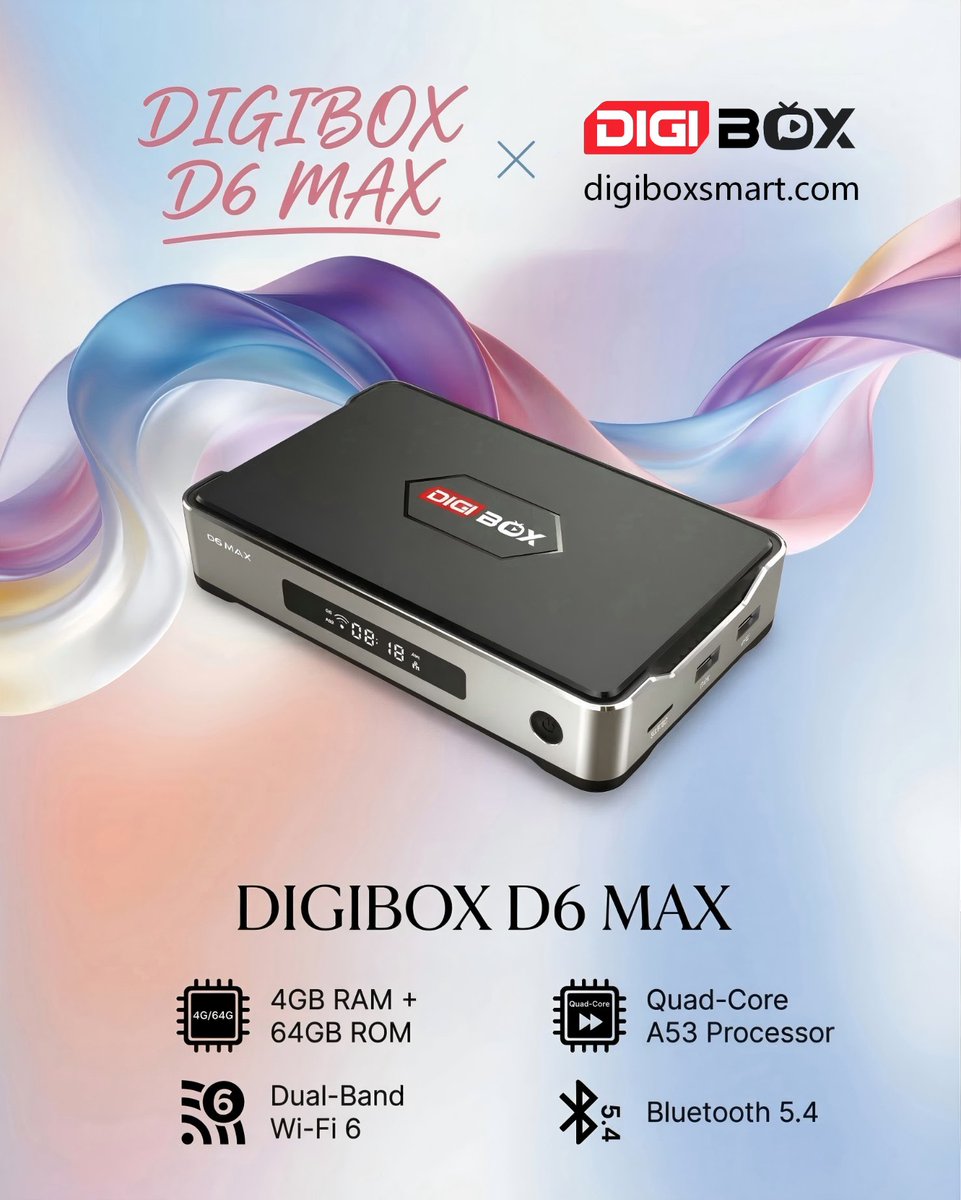 digiboxsmart's tweet image. Powered by a Quad-Core A53 processor and Bluetooth 5.4. Small footprint, massive performance. Elevate your home cinema with the DIGIBOX D6 MAX.

Shop Now👉digiboxsmart.com

#DIGIBOX #DIGIBOXD6MAX #SmartTVBox #HomeCinema #4KStreaming #WiFi6 #TechUpgrade #GadgetShowcase