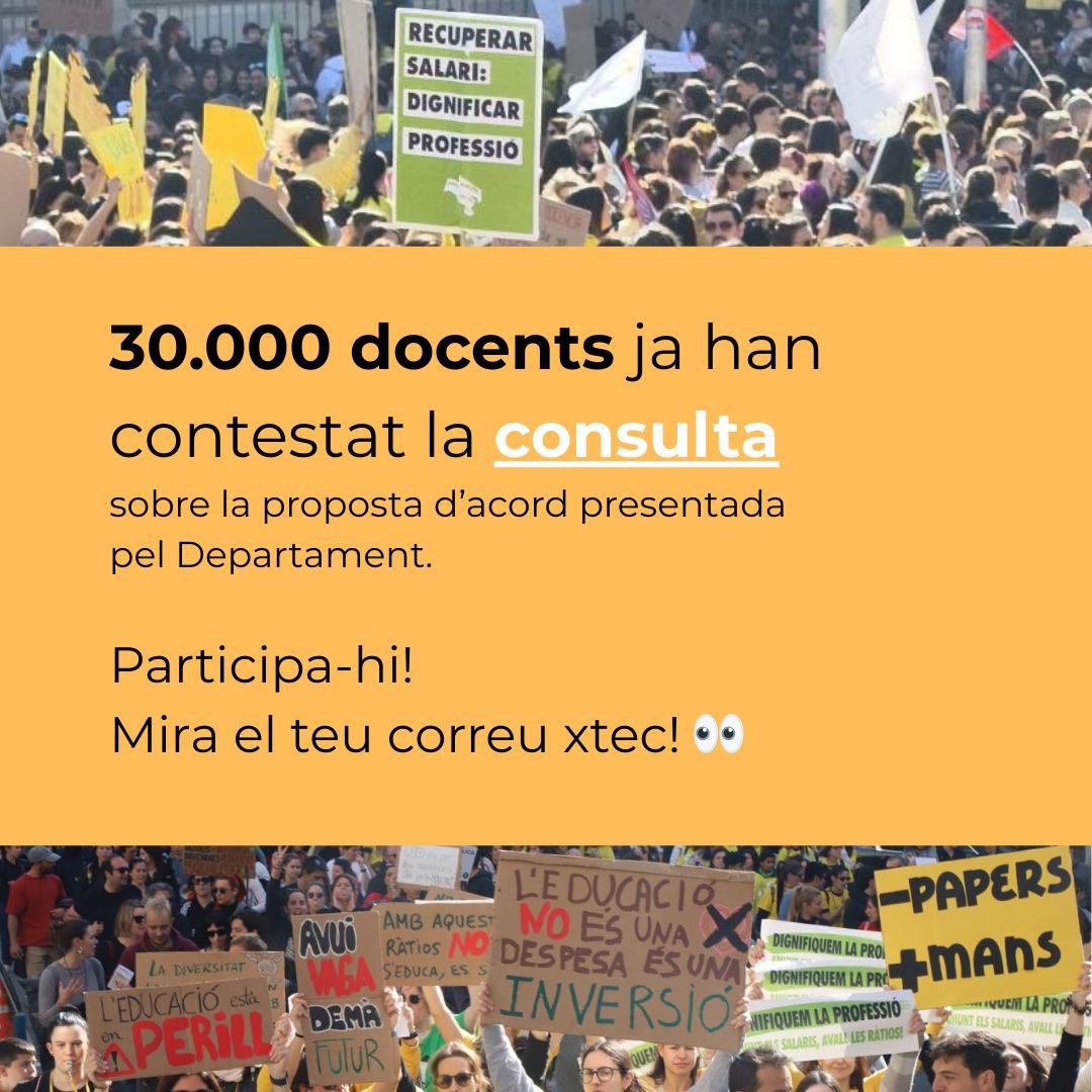 ✊🏻US ANIMEM A SEGUIR CONTESTANT LA CONSULTA✊🏻

🔥30.000 docents ja ho han fet🔥

📌Els motius de fons per rebutjar aquest acord són clars (obrim🧵):

I per tot això, un NO rotund a l’acord!

#DignifiquemLaProfessió